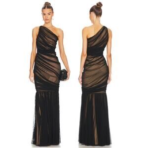 NWT Norma Kamali Diana One Shoulder Fishtail Gown Black Mesh & Nude Women's M/38